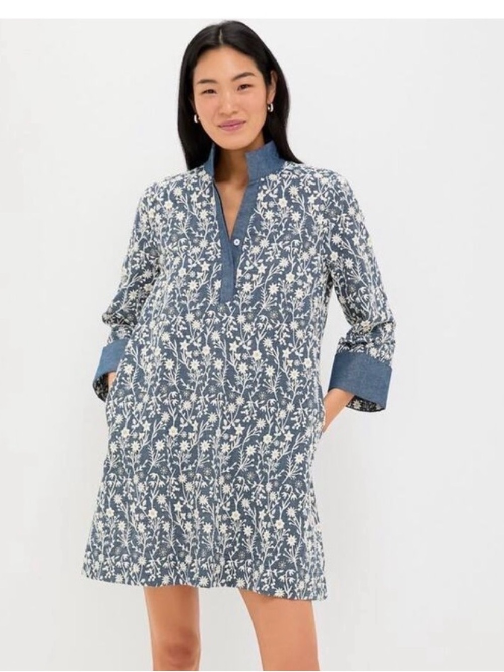 Tuckernuck Denim Blue and White Floral Tunic Mini Dress